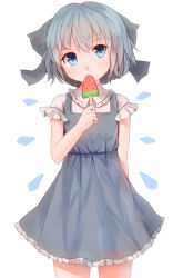 Rule 34 | 1girl, blue eyes, blue hair, bow, cirno, dress, food, hair bow, highres, ice, ice wings, looking at viewer, matching hair/eyes, popsicle, shone, short hair, simple background, solo, touhou, watermelon bar, white background, wings
