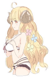 Rule 34 | 1girl, ahoge, anila (granblue fantasy), anila (summer) (granblue fantasy), bare arms, bare shoulders, bikini, blonde hair, blue flower, breasts, brown eyes, cowboy shot, cropped legs, curled horns, draph, flower, from side, granblue fantasy, hair flower, hair ornament, halterneck, horns, large breasts, long hair, looking away, meito (maze), navel, pink flower, sheep horns, short eyebrows, simple background, solo, standing, swimsuit, thick eyebrows, very long hair, white background, white bikini, yellow flower