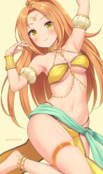 Rule 34 | 1girl, anklet, arm up, armlet, blush, bracelet, breasts, closed mouth, dancer, diadem, highres, jewelry, looking at viewer, medium breasts, orange hair, original, pelvic curtain, sasaame, simple background, smile, solo, thighlet, yellow background, yellow eyes