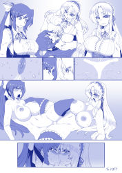 Rule 34 | 2girls, absurdres, bad id, bad pixiv id, bare arms, bare shoulders, blue theme, blush, bow, breast fight, breast press, breasts, buttons, catfight, censored, center frills, cleavage, closed mouth, collarbone, comic, cross-laced clothes, era (erasion), eye contact, eyes visible through hair, female focus, frills, frown, gradient background, hair between eyes, hair bow, hairband, half-closed eyes, highres, huge breasts, jinguuji kuesu, kiss, large breasts, lolita hairband, long hair, long sleeves, looking at another, looking at viewer, meme attire, monochrome, multiple girls, navel, neck ribbon, nipples, noihara himari, nude, omamori himari, open mouth, ponytail, ribbon, saliva, sex fight, sidelocks, smile, suspenders, sweat, tears, thigh strap, thighhighs, tongue, tongue out, tribadism, tsurime, upper body, very long hair, virgin killer outfit, white background, yuri