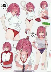 Rule 34 | &gt; &lt;, 1girl, 1other, ?, absurdres, anger vein, baseball, baseball glove, blush, breasts, broom, brown eyes, buruma, cleavage, downblouse, drinking fountain, flying sweatdrops, groin, gym uniform, hand on own hip, heterochromia, highres, holding, holding broom, hololive, houshou marine, jacket, knees to chest, koubou (cowbow kun), large breasts, looking at viewer, multiple views, official alternate hairstyle, open mouth, purple eyes, purple hair, school swimsuit, short hair, sitting, socks, spoken anger vein, spoken question mark, sweatdrop, swimsuit, swimsuit under clothes, virtual youtuber, white socks