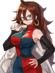 Rule 34 | 1girl, android 21, bare shoulders, breasts, brown hair, commentary request, detached sleeves, dragon ball, dragon ball fighterz, earrings, green eyes, hand up, highres, holding, hoop earrings, jewelry, large breasts, long hair, long sleeves, looking at viewer, simple background, sleeves past wrists, smile, solo, sookmo, standing, upper body, very long hair, white background