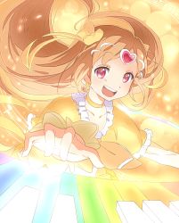 Rule 34 | 10s, 1girl, :d, bow, brown hair, choker, circlet, cure muse, cure muse (yellow), foreshortening, hair ribbon, happy, heart, instrument, kana (okitasougo222), long hair, magical girl, open mouth, piano, precure, red eyes, ribbon, shirabe ako, smile, solo, suite precure