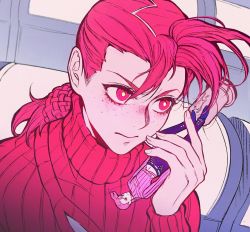 Rule 34 | 1boy, absurdres, bright pupils, figure, freckles, frog, highres, indoors, jojo no kimyou na bouken, pink eyes, pink hair, pink sweater, seul4005, solo, sweater, turtleneck, turtleneck sweater, upper body, vinegar doppio