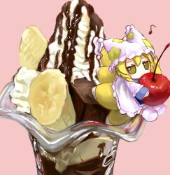 Rule 34 | 1girl, banana, blonde hair, blush stickers, cherry, chocolate syrup, closed mouth, commentary, dress, food, food focus, fox tail, frilled dress, frills, fruit, fumo (doll), hat, hat tassel, highres, holding, holding food, holding fruit, ice cream, jitome, long sleeves, looking at viewer, mini person, minigirl, mob cap, multiple tails, musical note, on food, pink background, simple background, sitting, socks, solo, sundae, symbol-only commentary, tail, touhou, whipped cream, white dress, white hat, white socks, yakumo ran, yakumora n, yellow eyes