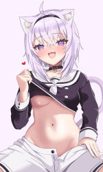 Rule 34 | 1girl, ahoge, animal ears, blush, breasts, cat ears, cat girl, cat tail, clothes lift, collar, groin, hairband, heart, highres, hololive, looking at viewer, navel, nekomata okayu, open mouth, purple eyes, purple hair, shimaketa, shirt, shirt lift, shorts, smile, solo, tail, unbuttoned, underboob, virtual youtuber