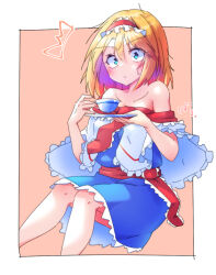Rule 34 | 1girl, alice margatroid, bare shoulders, blonde hair, blue dress, blue eyes, blush, capelet, closed mouth, cup, dondyuruma, dress, frilled hairband, frills, hairband, holding, holding cup, holding plate, lolita hairband, long hair, looking at viewer, off shoulder, plate, red hairband, sitting, solo, surprised, sweatdrop, touhou, white capelet