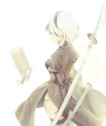 Rule 34 | 1girl, black blindfold, black dress, black hairband, blindfold, breasts, closed mouth, clothing cutout, covered eyes, dress, echo (circa), hairband, medium breasts, nier:automata, nier (series), pod (nier:automata), puffy sleeves, short hair, side cutout, simple background, sword, thighhighs, weapon, white background, white hair, 2b (nier:automata)