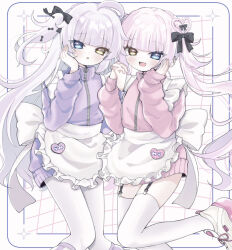 Rule 34 | 2girls, :d, ahoge, apron, black bow, blue eyes, blush, bow, commentary request, ear piercing, fang, feet out of frame, frilled apron, frills, garter straps, grey hair, hair bow, hair ornament, hand on own face, hands up, heart, heart hair ornament, heterochromia, highres, holding hands, interlocked fingers, jacket, jersey maid, knees together feet apart, long sleeves, maid, multiple girls, ni kiro, one side up, open mouth, original, pantyhose, piercing, pink hair, pink jacket, puffy long sleeves, puffy sleeves, purple jacket, shoes, smile, thighhighs, track jacket, twintails, unconventional maid, white apron, white background, white footwear, white pantyhose, white thighhighs, yellow eyes