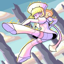 Rule 34 | 1girl, angelic layer, blanche (angelic layer), blonde hair, blunt bangs, boots, cloud, covered mouth, dress, floating, full body, glowing, hat, juliet sleeves, long sleeves, nurse cap, orange eyes, puffy sleeves, short hair, shorts, solo, thigh boots, valmardraws, white dress, white footwear, white hat, white shorts