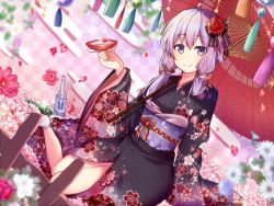 Rule 34 | 1girl, ahoge, alcohol, arm up, bad id, bad pixiv id, black bow, black kimono, bottle, bow, closed mouth, commentary request, cup, egasumi, floral print, flower, glass bottle, hair between eyes, hair bow, hair flower, hair ornament, hair over shoulder, holding, japanese clothes, kimono, long sleeves, looking at viewer, low twintails, obi, oil-paper umbrella, omuretsu, petals, pink flower, print kimono, purple eyes, purple hair, sakazuki, sake, sash, sitting, smile, socks, solo, twintails, umbrella, vocaloid, voiceroid, white socks, wide sleeves, yuzuki yukari