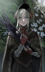 Rule 34 | 1girl, 1other, bloodborne, blue eyes, bonnet, brown dress, cloak, closed mouth, doll joints, dress, highres, holding person, hunter (great one) (bloodborne), joints, looking at viewer, m0biuzz, outdoors, pink lips, plain doll, red neckwear, silver hair, spoilers, squid, standing, tears