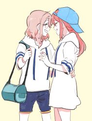 Rule 34 | 2girls, bag, baseball cap, blue hat, blue shorts, closed eyes, commentary request, cowboy shot, drawstring, forehead-to-forehead, glasses, grey hair, hand on another&#039;s chest, hand on another&#039;s waist, hat, heads together, highres, hood, hoodie, jewelry, korean commentary, love live!, love live! sunshine!!, medium hair, multiple girls, open mouth, pito (sh02327), red hair, ring, sakurauchi riko, shorts, shoulder bag, simple background, sleeves rolled up, smile, watanabe you, wedding ring, white hoodie, wife and wife, yellow background, yuri