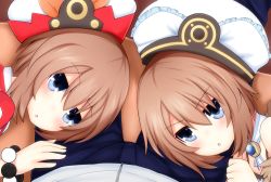 Rule 34 | 10s, 1boy, 2girls, bad id, bad pixiv id, blanc (neptunia), blue eyes, blush, bracelet, brown hair, clenched hand, dual persona, frilled hat, frills, fur trim, girl sandwich, hair between eyes, haru blanc0316, hat, hetero, jewelry, kami jigen game neptune v, lap pillow, looking at viewer, looking up, multiple girls, neck ribbon, neptune (series), open mouth, pants, pov, ribbon, sandwiched, short hair, triangle mouth, zipper