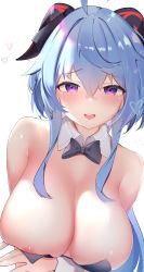 Rule 34 | 1girl, absurdres, areola slip, bare shoulders, black bow, black bowtie, blue hair, bow, bowtie, breasts, detached collar, ganyu (genshin impact), genshin impact, goat horns, hair between eyes, heart, highres, horns, large breasts, leotard, long hair, looking at viewer, nipples, open mouth, playboy bunny, simple background, smile, solo, usagi poi, white background