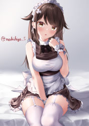 Rule 34 | 1girl, absurdres, apron, artist name, azur lane, breasts, brown dress, brown hair, choukai (azur lane), choukai (tidy store tidy mind) (azur lane), dress, garter straps, grey background, highres, large breasts, long hair, looking at viewer, maid apron, maid headdress, makihige, official alternate costume, simple background, sitting, thighhighs, white garter straps, white thighhighs, yellow eyes