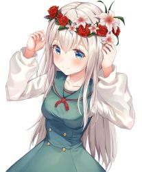 Rule 34 | 1girl, aqua dress, aqua sailor collar, arms up, blue eyes, blush, breasts, closed mouth, collarbone, cowboy shot, dress, flower, flower wreath, hair flower, hair ornament, head wreath, lily (flower), long hair, long sleeves, looking at viewer, original, puffy long sleeves, puffy sleeves, red flower, red rose, rose, sailor collar, shands, shirt, silver hair, simple background, small breasts, smile, solo, straight hair, very long hair, white background, white shirt