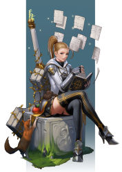 Rule 34 | 1girl, animal, apple, armor, black skirt, black thighhighs, blonde hair, book, crossed legs, facial mark, floating, food, forehead mark, fruit, full body, gradient background, gyeongnam jo, high heels, high ponytail, highres, holding, holding book, image sample, light particles, open book, original, paper, parted lips, plant, pleated skirt, priest, sitting, skirt, smile, sprites, thighhighs, vines, white background
