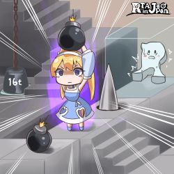 Rule 34 | 1girl, arms up, bare shoulders, blonde hair, blue dress, bomb, chibi, clothing cutout, copyright name, detached sleeves, dress, explosive, heart cutout, holding, holding bomb, monikano, purple eyes, rta-chan, rta in japan, spikes, stairs, twintails, weight, white legwear