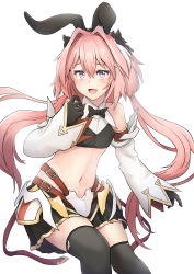 Rule 34 | 1boy, absurdres, animal ears, astolfo (fate), astolfo (saber) (fate), bare shoulders, black bow, black pantyhose, black skirt, black thighhighs, bow, commentary request, fang, fangs, fate/grand order, fate (series), hair between eyes, hair bow, hair intakes, hair ribbon, highres, jtleeklm, long hair, looking at viewer, male focus, multicolored hair, navel, open mouth, pantyhose, pink hair, purple eyes, rabbit ears, ribbon, simple background, skirt, solo, streaked hair, thighhighs, trap, white background, white hair