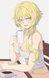 Rule 34 | 1girl, absurdres, alternate breast size, bench, blonde hair, blush, breasts, chair, cleavage, coffee mug, covered erect nipples, cup, genshin impact, hair between eyes, highres, holding, large breasts, looking at viewer, lumine (genshin impact), mug, no pants, o-los, off shoulder, open mouth, panties, short hair with long locks, sitting, smile, table, tank top, underwear, white background, white panties, yellow eyes