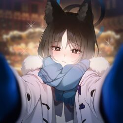 Rule 34 | 1girl, alternate costume, animal ears, black eyes, black hair, blue archive, blue gloves, blue scarf, blurry, blurry background, blush, cat ears, cat girl, coat, depth of field, duffel coat, embarrassed, frown, gloves, halo, head tilt, highres, kikyou (blue archive), long sleeves, looking at viewer, meme, outdoors, outstretched arms, pov cheek warming (meme), raki kr, reaching, reaching towards viewer, scarf, short hair, sidelocks, solo, sparkle