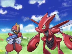 bisharp blue_sky bug claws colored_skin creatures_(company) game_freak gen_2_pokemon gen_5_pokemon grass insect_wings looking_at_another nintendo pokemon pokemon_(creature) red_skin redamber334 scizor sky trait_connection wings