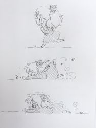 Rule 34 | 1girl, aki shizuha, arinu, commentary request, flower, greyscale, hair flower, hair ornament, lying, monochrome, on stomach, running, short hair, solo, ^^^, tearing up, tears, touhou, trembling, tripping