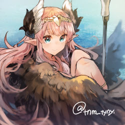 Rule 34 | 1girl, armlet, circe (fate), closed mouth, fate/grand order, fate (series), green eyes, head wings, ikeuchi tanuma, long hair, looking at viewer, pink hair, pointy ears, sitting, smile, solo, tiara, twitter username, wings