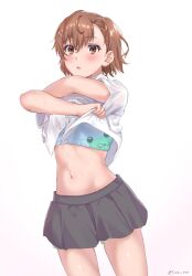 1girl animal_print asymmetrical_bangs blue_bra blush bra breasts brown_eyes brown_hair clothes_lift commentary frog_print gekota grey_skirt hair_between_eyes hair_ornament hairclip highres lifting_own_clothes looking_at_viewer misaka_mikoto navel open_mouth pleated_skirt shirt shirt_lift short_hair shorts shorts_under_skirt sioo_1029 skirt small_breasts solo symbol-only_commentary toaru_kagaku_no_railgun toaru_majutsu_no_index twitter_username underwear undressing white_shirt