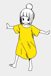 Rule 34 | 1girl, alternate hairstyle, barefoot, blunt bangs, closed mouth, collarbone, dot nose, full body, grey background, hair bun, highres, katsuwo (cr66g), kise saki, leg up, looking down, mitsuboshi colors, outstretched arms, shirt, short hair, simple background, single hair bun, sketch, smile, solo, split mouth, spot color, spread arms, standing, standing on one leg, yellow shirt, yellow theme