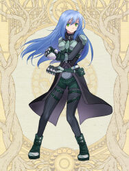 Rule 34 | 1girl, armor, belt, black pantyhose, blue hair, boots, clenched hand, clenched hands, dairoku ryouhei, full body, gauntlets, green eyes, katagawa kae, long hair, long sleeves, olga draper, pantyhose, pouch, shorts, shoulder armor, solo, standing, thigh belt, thigh strap, yellow background