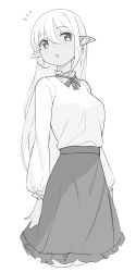 Rule 34 | 1girl, :o, arms at sides, cropped legs, earrings, frilled skirt, frills, greyscale, hair between eyes, jewelry, long hair, long sleeves, looking at viewer, monochrome, open mouth, original, pointy ears, saiste, shirt, simple background, skirt, solo, white background