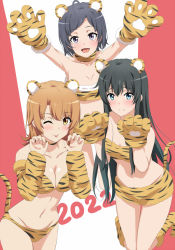 Rule 34 | 2022, 3girls, ahoge, animal hands, animal print, arms up, bikini, black hair, blue eyes, blush, breasts, brown eyes, brown hair, cleavage, closed mouth, collarbone, commentary request, crop top, dars (recolors), detached sleeves, flat chest, grey eyes, hands up, hikigaya komachi, isshiki iroha, long hair, looking at viewer, medium breasts, medium hair, midriff, multiple girls, navel, one eye closed, open mouth, paw pose, raised eyebrows, short hair, shorts, small breasts, smile, straight hair, striped bikini, striped clothes, swimsuit, tail, thighs, tiger paws, tiger print, tiger stripes, tiger tail, tongue, tongue out, yahari ore no seishun lovecome wa machigatteiru., yukinoshita yukino