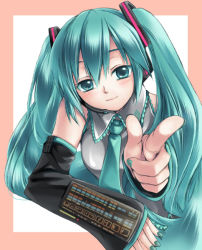 1girl aqua_eyes aqua_hair aqua_nails detached_sleeves female_focus hatsune_miku headset long_hair nail_polish necktie pointing smile solo twintails umitsuki_kouna vocaloid