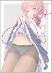 Rule 34 | 1girl, blush, border, brown pantyhose, clothes lift, cowboy shot, crotch seam, from below, grey background, grey border, hair ornament, heart, heart hair ornament, ishikkoro, juliet sleeves, komeiji satori, lifting own clothes, long sleeves, looking at viewer, looking down, mouth hold, navel, outside border, panties, pantyhose, pink eyes, pink hair, puffy sleeves, see-through, shirt, short hair, simple background, skirt, skirt lift, solo, standing, stomach, string, thighband pantyhose, third eye, touhou, underwear, upskirt, white panties, white shirt