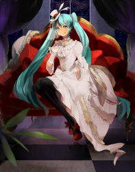 Rule 34 | 1girl, aqua eyes, aqua hair, bad id, bad pixiv id, black pantyhose, checkered floor, couch, cup, dress, fascinator, floor, formal, gloves, gown, hat, hatsune miku, highres, long hair, mini hat, mini top hat, pantyhose, patterned legwear, pinstripe pattern, px2011, red footwear, red upholstery, shoes, sitting, smile, solo, striped clothes, striped pantyhose, teacup, top hat, twintails, vertical-striped clothes, vertical-striped pantyhose, very long hair, vocaloid, white dress, white gloves