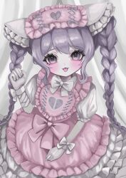 Rule 34 | 1girl, :3, bandaged arm, bandages, bow, bowtie, braid, cowboy shot, dress, frilled dress, frills, hand up, heart, highres, long hair, looking at viewer, original, pale skin, pink dress, pink headwear, puffy short sleeves, puffy sleeves, purple eyes, purple hair, shiona (siona0625), short sleeves, solo, tongue, tongue out, twin braids, white bow, white bowtie, wrist cuffs