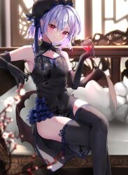 Rule 34 | 1girl, alternate costume, bat wings, black dress, black gloves, black headwear, black thighhighs, blue bow, blurry, blurry background, bow, closed mouth, commentary request, couch, crossed legs, cup, dress, drinking glass, elbow gloves, feet out of frame, gloves, highres, holding, holding cup, indoors, looking at viewer, purple hair, red eyes, remilia scarlet, shironeko yuuki, short hair, sitting, smile, solo, thighhighs, touhou, wings