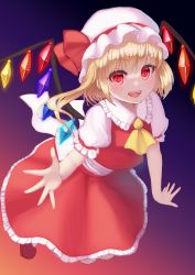 Rule 34 | 1girl, :d, absurdres, ascot, blush, bow, commentary request, crystal, dark background, flandre scarlet, frilled shirt collar, frills, full body, gradient background, hair between eyes, hat, hat bow, highres, looking at viewer, mob cap, one side up, open mouth, petticoat, puffy short sleeves, puffy sleeves, purple background, red bow, red eyes, red footwear, red skirt, red vest, short hair, short sleeves, simple background, skirt, smile, solo, touhou, vest, white hat, wings, yellow ascot, yuha (kanayuzu611)