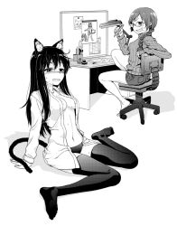 Rule 34 | 2girls, abua, aftersex, animal ears, bare shoulders, barefoot, black panties, blush, braid, breasts, bulletin board, cat ears, cat tail, chair, dress shirt, feet, glasses, greyscale, holding, inkwell, lamp, long hair, monochrome, multiple girls, navel, nearly naked shirt, no bra, no pants, no shoes, open clothes, open shirt, original, panties, pen, quill, ribbed sweater, shirt, short shorts, shorts, simple background, single braid, sitting, sweat, sweater, tail, thighhighs, underwear, wariza, white background, yuri