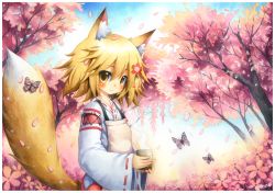 Rule 34 | 1girl, animal ears, blonde hair, blue sky, bug, butterfly, closed mouth, commentary, commission, emperpep, english commentary, eyes visible through hair, fox ears, fox girl, fox tail, hair between eyes, hakama, hakama skirt, holding, insect, japanese clothes, kimono, looking at viewer, miko, mixed-language commentary, painting (medium), petals, senko (sewayaki kitsune no senko-san), sewayaki kitsune no senko-san, short hair, skirt, sky, smile, solo, standing, tail, traditional media, tree, watercolor (medium), yellow eyes