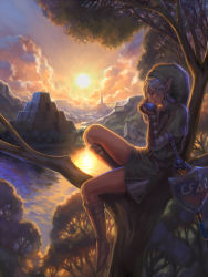Rule 34 | 1boy, androgynous, armor, backlighting, belt, blonde hair, blurry, boots, chainmail, closed eyes, cloud, dark, depth of field, hat, hylian shield, in tree, instrument, landscape, link, male focus, mico (paleshelter), mountain, music, nintendo, no pants, ocarina, playing instrument, pointy ears, profile, pyramid (structure), reflection, river, scenery, shield, sitting, sitting in tree, sky, solo, sun, sunlight, sunset, sword, temple, the legend of zelda, the legend of zelda: a link to the past, tower, tree, vambraces, water, weapon