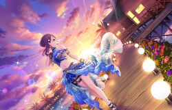 Rule 34 | 1girl, armlet, bare shoulders, black footwear, blue shirt, blue skirt, blue sky, bracelet, braid, breasts, brown eyes, crop top, dutch angle, floral print, frilled skirt, frills, full body, game cg, glasses, gold trim, gradient sky, hand up, idolmaster, idolmaster cinderella girls, idolmaster cinderella girls starlight stage, jewelry, legs, lens flare, long hair, looking to the side, medium breasts, midriff, navel, official art, outdoors, parted bangs, pier, purple hair, purple sky, sandals, shirt, skirt, sky, solo, sparkle, standing, sunset, thigh strap, yagami makino, yellow sky