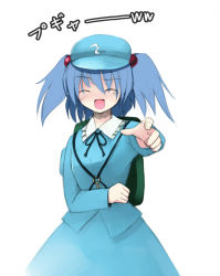 Rule 34 | 1girl, female focus, hair bobbles, hair ornament, kawashiro nitori, laughing, pointing, pointing at viewer, seo tatsuya, solo, tears, touhou, two side up