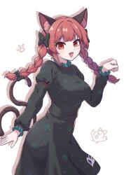 Rule 34 | 1girl, :d, animal ear fluff, animal ears, black bow, blunt bangs, bow, braid, breasts, cat ears, cat tail, chibi, chibi inset, commentary, contrapposto, cowboy shot, double-parted bangs, dress, drop shadow, extra ears, fang, frills, green dress, hair bow, hand up, highres, hihi (cvwv4322), juliet sleeves, kaenbyou rin, large breasts, leaning forward, light blush, long hair, long sleeves, looking at viewer, multiple tails, nekomata, open mouth, paw pose, paw print, puffy sleeves, red eyes, red hair, reiuji utsuho, reiuji utsuho (bird), skin fang, smile, solo, tail, touhou, triangle mouth, twin braids, two tails