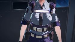 Rule 34 | 1girl, 20s, 3d, animated, armor, astral chain, audible music, bag, belt, between breasts, black hair, blue shirt, blue shorts, bouncing breasts, breasts, female focus, harness, head out of frame, highres, indoors, jiggle, large breasts, looking down, marie wentz, necktie, necktie between breasts, nintendo, platinum games, police, police uniform, policewoman, pov, satchel, shirt, short hair, short sleeves, shorts, shoulder armor, solo, sound, standing, uniform, video, video