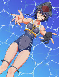 Rule 34 | 1girl, ashimaru, asymmetrical hair, bad id, bad pixiv id, black gloves, black hair, black one-piece swimsuit, brown eyes, brown neckerchief, commentary request, feet out of frame, framed breasts, gloves, grin, hair between eyes, hat, headphones, highres, i-14 (kancolle), kantai collection, looking at viewer, lying, neckerchief, on back, one-piece swimsuit, partially fingerless gloves, partially submerged, sailor collar, school swimsuit, short hair, single glove, smile, solo, swimsuit, water, water surface