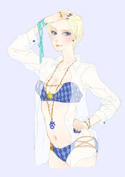 Rule 34 | 1990s (style), 1girl, bandeau, bishoujo senshi sailor moon, blonde hair, blue background, blue eyes, blue panties, bracelet, breasts, cleavage, earrings, hand in own hair, hand on own hip, jewelry, lingerie, lots of jewelry, nail polish, necklace, panties, retro artstyle, ribbon, ring, short hair, simple background, smile, solo, ten&#039;ou haruka, underwear, yangyieva