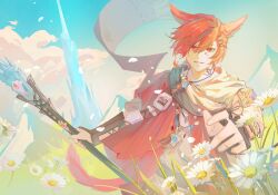Rule 34 | 1boy, animal ears, armor, cat boy, cat ears, cat tail, chi 953612, cloak, crystal, facial mark, field, final fantasy, final fantasy xiv, flower, flower field, g&#039;raha tia, hair between eyes, hair ornament, highres, holding, holding staff, leather armor, looking at viewer, male focus, miqo&#039;te, neck tattoo, outdoors, red cloak, red eyes, red hair, short hair, solo, staff, tail, tattoo, upper body, vambraces, white flower, x hair ornament
